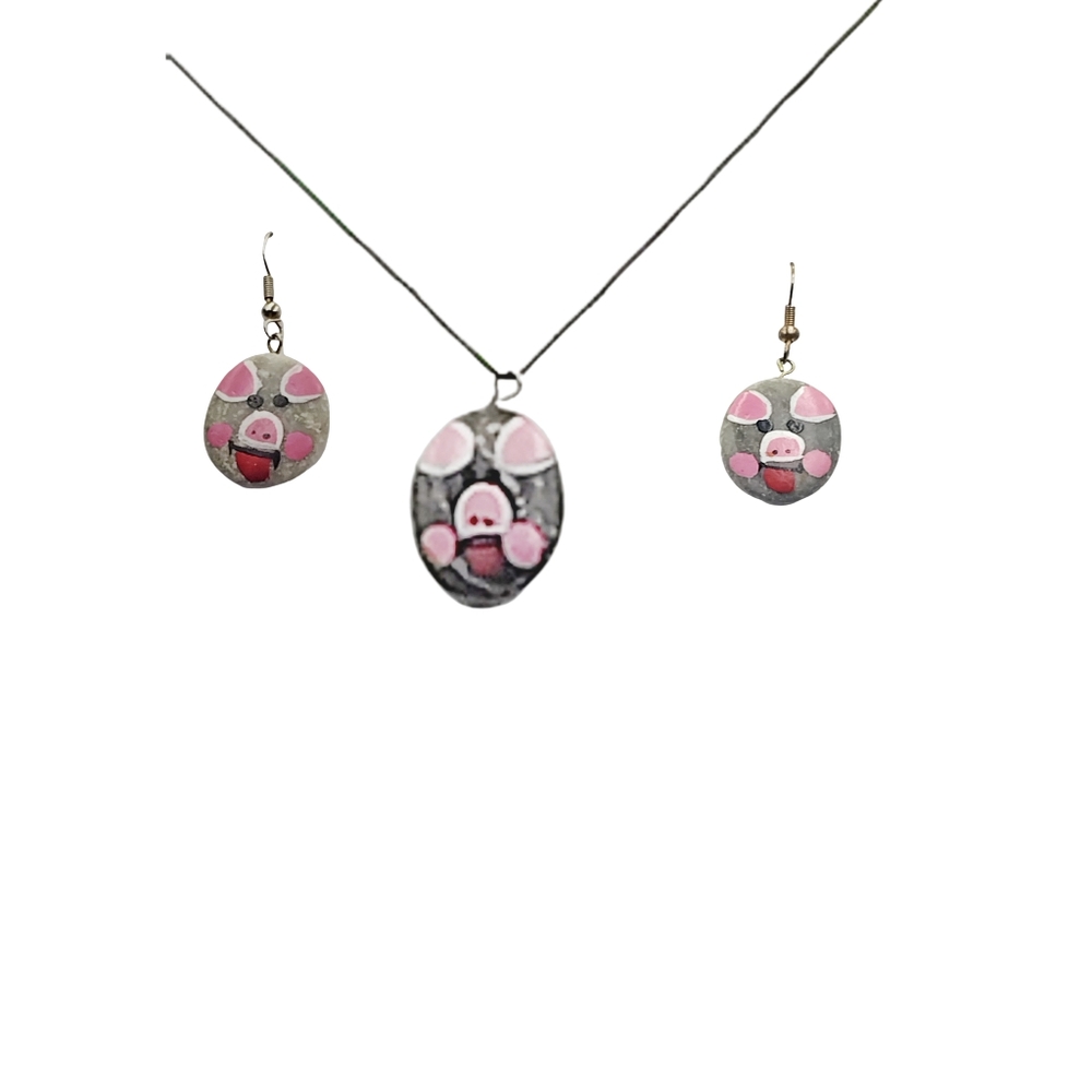 Piggy Faces Stone Jewelry Set Necklace & Earrings | Hand Painted